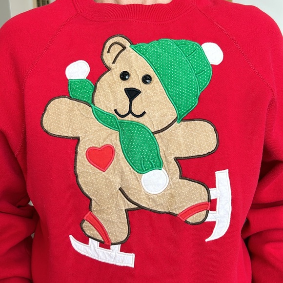 Vintage Bassett-Walker Teddy Bear on Ice Skates Ugly Christmas Sweater Red L - Picture 5 of 13